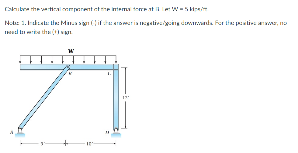 Calculate the vertical component of the internal force at B. Let W = 5 kips/ft.
Note: 1. Indicate the Minus sign (-) if the answer is negative/going downwards. For the positive answer, no
need to write the (+) sign.
A
W
B
10
D
12'