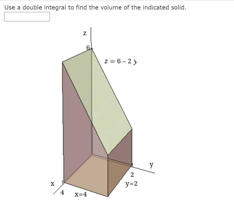 Use a double integral to find the volume of the indicated solid.
z = 6 – 2 y
y
2
X
y=2
4
X=4
