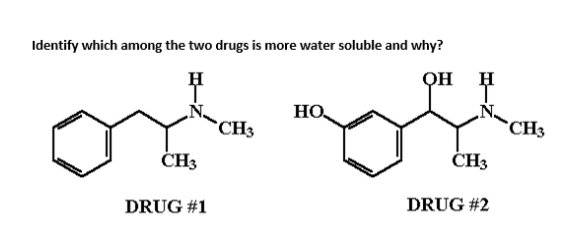 Identify which among the two drugs is more water soluble and why?
QH
HO
CH3
CH3
CH3
ČH3
DRUG #2
DRUG #1
