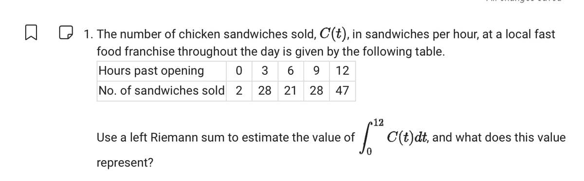 1. The number of chicken sandwiches sold, C'(t), in sandwiches per hour, at a local fast
food franchise throughout the day is given by the following table.
Hours past opening
0 3 6
69
12
No. of sandwiches sold 2 28
21 28 47
12
Use a left Riemann sum to estimate the value of
S
C(t)dt, and what does this
value
represent?