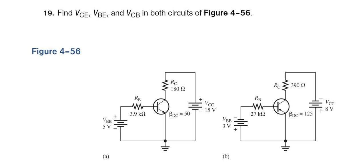 19. Find VCE, VBE, and VCB in both circuits of Figure 4-56.
Figure 4-56
VBB
5 V
+
(a)
RB
w
3.9 ΚΩ
Rc
180 Ω
PDC = 50
HII
+
Vcc
15 V
VBB
3 V
RB
ww
27 ΚΩ
Rc
390 Ω
Vcc
8 V
PDC=125
(b)
HII