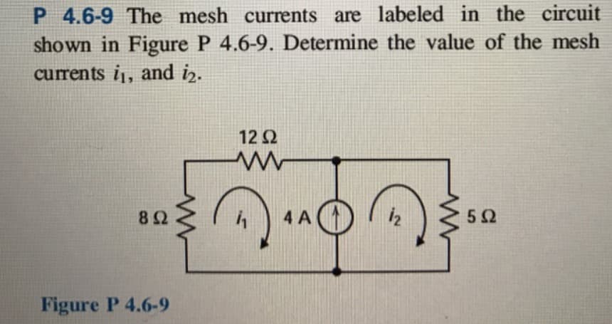P 4.6-9 The mesh currents are labeled in the circuit
shown in Figure P 4.6-9. Determine the value of the mesh
currents i1, and iz.
12 Q
8Ω
4 A )
5Ω
Figure P 4.6-9
