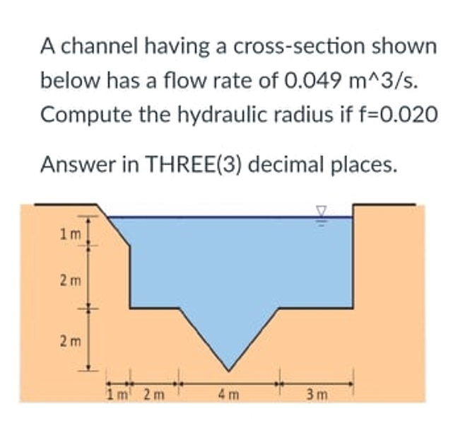 A channel having a cross-section shown
below has a flow rate of 0.049 m^3/s.
Compute the hydraulic radius if f=0.020
Answer in THREE(3) decimal places.
1m
2 m
2 m
1m 2m
4 m
3 m
