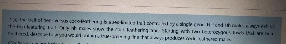 2 (a) The trait of hen- versus cock-feathering is a sex-limited trait controlled by a single gene. HH and Hh males always exhibit
the hen-featuring trait. Only hh males show the cock-feathering trait. Starting with two heterozygous fowls that are hen-
feathered, describe how you would obtain a true-breeding line that always produces cock-feathered males.
[Ciri berhulu avam hatin

