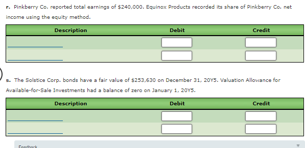 r. Pinkberry Co. reported total earnings of $240,000. Equinox Products recorded its share of Pinkberry Co. net
income using the equity method.
Description
Debit
Credit
s. The Solstice Corp. bonds have a fair value of $253,630 on December 31, 2OY5. Valuation Allowance for
Available-for-Sale Investments had a balance of zero on January 1, 20Y5.
Description
Debit
Credit
Feedback
