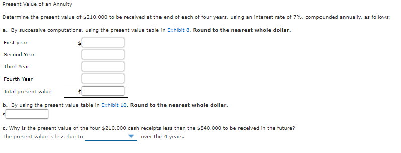 Present Value of an Annuity
Determine the present value of $210,000 to be received at the end of each of four years, using an interest rate of 7%, compounded annually, as follows:
a. By successive computations, using the present value table in Exhibit 8. Round to the nearest whole dollar.
First year
Second Year
Third Year
Fourth Year
Total present value
b. By using the present value table in Exhibit 10. Round to the nearest whole dollar.
c. Why is the present value of the four $210,000 cash receipts less than the $840,000 to be received in the future?
The present value is less due to
over the 4 years.
