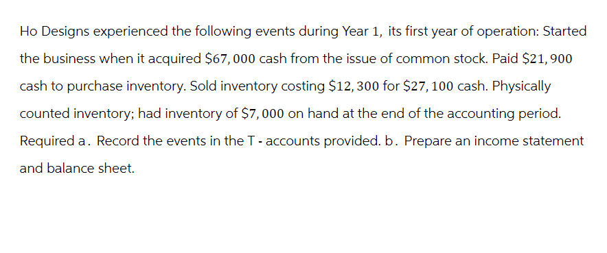 Ho Designs experienced the following events during Year 1, its first year of operation: Started
the business when it acquired $67,000 cash from the issue of common stock. Paid $21,900
cash to purchase inventory. Sold inventory costing $12, 300 for $27, 100 cash. Physically
counted inventory; had inventory of $7,000 on hand at the end of the accounting period.
Required a. Record the events in the T-accounts provided. b. Prepare an income statement
and balance sheet.
