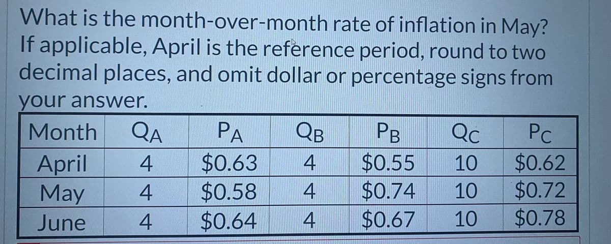 What is the month-over-month rate of inflation in May?
If applicable, April is the reference period, round to two
decimal places, and omit dollar or percentage signs from
your answer.
Month QA PA
QB
PB Qc
Pc
April 4
$0.63
May 4
$0.58
June
4
$0.64
444
$0.55
10
$0.62
$0.74
10
$0.72
4 $0.67
10
$0.78
