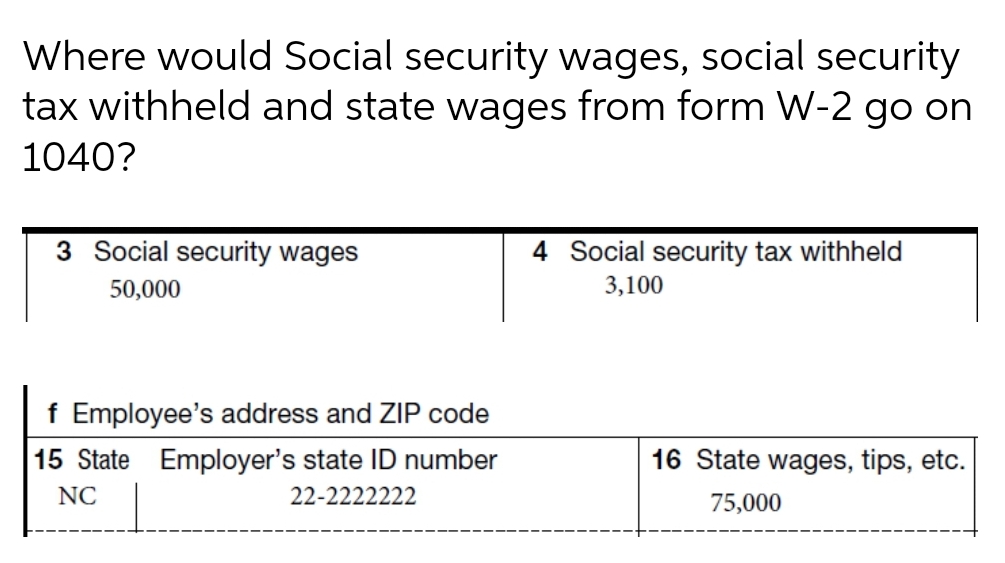 Where would Social security wages, social security
tax withheld and state wages from form W-2 go on
1040?
3 Social security wages
4 Social security tax withheld
50,000
3,100
f Employee's address and ZIP code
15 State Employer's state ID number
16 State wages, tips, etc.
NC
22-2222222
75,000
