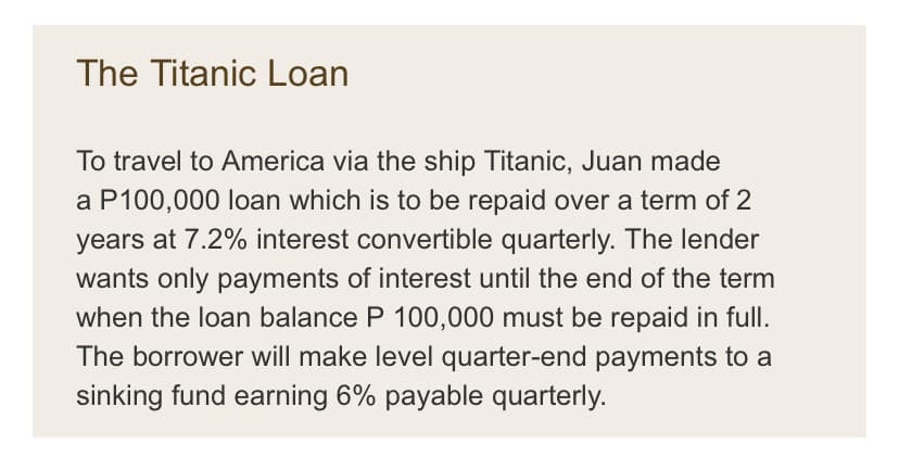 The Titanic Loan
To travel to America via the ship Titanic, Juan made
a P100,000 loan which is to be repaid over a term of 2
years at 7.2% interest convertible quarterly. The lender
wants only payments of interest until the end of the term
when the loan balance P 100,000 must be repaid in full.
The borrower will make level quarter-end payments to a
sinking fund earning 6% payable quarterly.