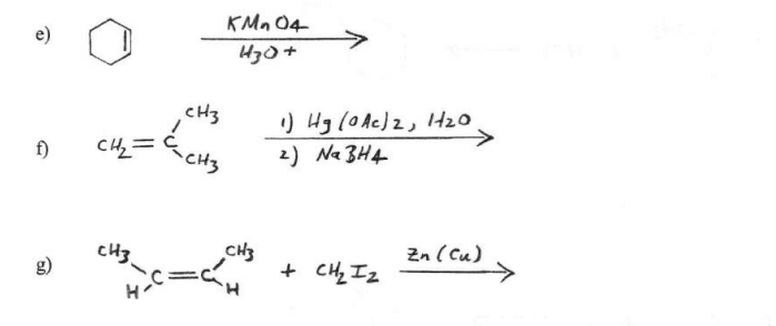 KMn 04
e)
CH3
) Hg loAc)z, H20
2) Na 3H4
->
f)
CH,=
cH3
g)
CH3
+ CH, Iz
Zn (cu)
%3D
