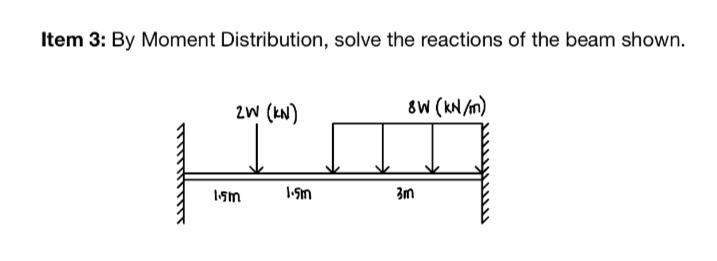 Item 3: By Moment Distribution, solve the reactions of the beam shown.
2 (N)
بت
Ism
8W kN/m
105m
3m