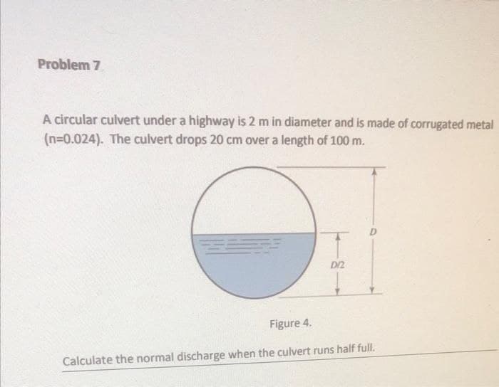 Problem 7
A circular culvert under a highway is 2 m in diameter and is made of corrugated metal
(n=0.024). The culvert drops 20 cm over a length of 100 m.
D/2
Figure 4.
Calculate the normal discharge when the culvert runs half full.
