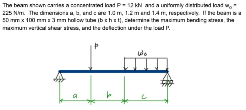 The beam shown carries a concentrated load P = 12 kN and a uniformly distributed load w.
225 N/m. The dimensions a, b, and c are 1.0 m, 1.2 m and 1.4 m, respectively. If the beam is a
50 mm x 100 mm x 3 mm hollow tube (b x h x t), determine the maximum bending stress, the
maximum vertical shear stress, and the deflection under the load P.
Wo
