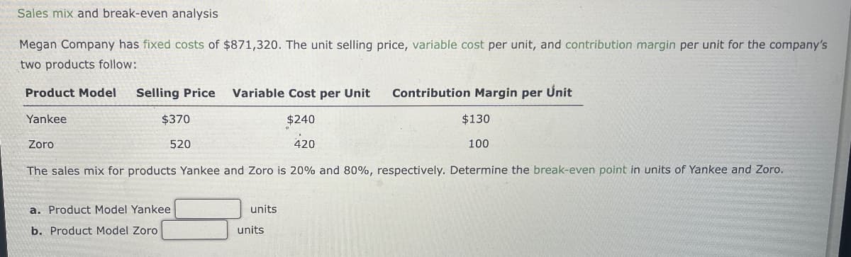 Sales mix and break-even analysis
Megan Company has fixed costs of $871,320. The unit selling price, variable cost per unit, and contribution margin per unit for the company's
two products follow:
Product Model
Selling Price
Variable Cost per Unit
Contribution Margin per
Unit
Yankee
Zoro
$370
520
$240
$130
420
100
The sales mix for products Yankee and Zoro is 20% and 80%, respectively. Determine the break-even point in units of Yankee and Zoro.
a. Product Model Yankee
b. Product Model Zoro
units
units