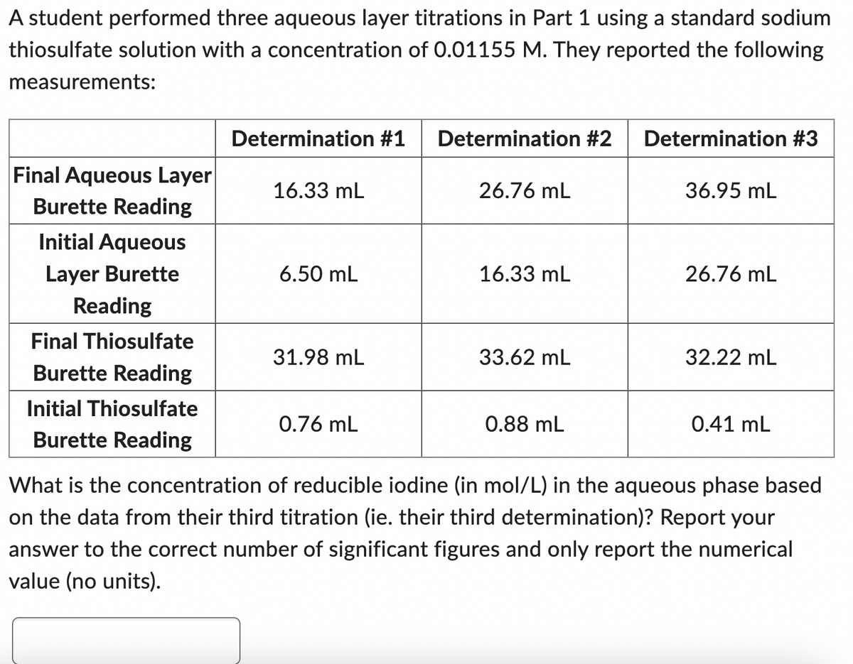 A student performed three aqueous layer titrations in Part 1 using a standard sodium
thiosulfate solution with a concentration of 0.01155 M. They reported the following
measurements:
Final Aqueous Layer
Burette Reading
Initial Aqueous
Layer Burette
Reading
Final Thiosulfate
Burette Reading
Initial Thiosulfate
Burette Reading
Determination #1
16.33 mL
6.50 mL
31.98 mL
0.76 mL
Determination #2
26.76 mL
16.33 mL
33.62 mL
0.88 mL
Determination #3
36.95 mL
26.76 mL
32.22 mL
0.41 mL
What is the concentration of reducible iodine (in mol/L) in the aqueous phase based
on the data from their third titration (ie. their third determination)? Report your
answer to the correct number of significant figures and only report the numerical
value (no units).