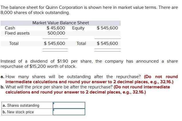 The balance sheet for Quinn Corporation is shown here in market value terms. There are
8,000 shares of stock outstanding.
Cash
Fixed assets
Total
Market Value Balance Sheet
$ 45,600 Equity
500,000
$ 545,600
Total
$ 545,600
a. Shares outstanding
b. New stock price
$ 545,600
Instead of a dividend of $1.90 per share, the company has announced a share
repurchase of $15,200 worth of stock.
a. How many shares will be outstanding after the repurchase? (Do not round
intermediate calculations and round your answer to 2 decimal places, e.g., 32.16.)
b. What will the price per share be after the repurchase? (Do not round intermediate
calculations and round your answer to 2 decimal places, e.g., 32.16.)
