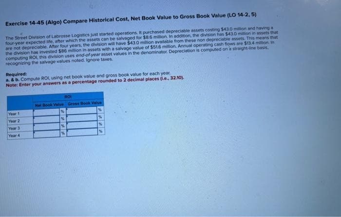 Exercise 14-45 (Algo) Compare Historical Cost, Net Book Value to Gross Book Value (LO 14-2, 5)
The Street Division of Labrosse Logistics just started operations. It purchased depreciable assets costing $43.0 million and having a
four-year expected life, after which the assets can be salvaged for $8.6 million. In addition, the division has $43.0 million in assets that
are not depreciable. After four years, the division will have $43.0 million available from these non depreciable assets. This means that
the division has invested $86 million in assets with a salvage value of $51.6 million. Annual operating cash flows are $13.4 million. In
computing ROI, this division uses end-of-year asset values in the denominator. Depreciation is computed on a straight-line basis,
recognizing the salvage values noted. Ignore taxes.
Required:
a. & b. Compute ROI, using net book value and gross book value for each year.
Note: Enter your answers as a percentage rounded to 2 decimal places (i.e., 32.10).
Year 1
Year 2
Year 3
Year 4
ROL
Net Book Value Gross Book Value
%
%
%
%
%
%
%