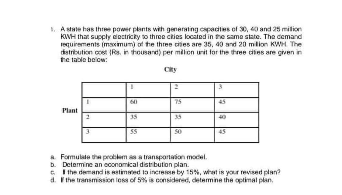 1. A state has three power plants with generating capacities of 30, 40 and 25 million
KWH that supply electricity to three cities located in the same state. The demand
requirements (maximum) the three cities are 35, 40 and 20 million KWH. The
distribution cost (Rs. in thousand) per million unit for the three cities are given in
the table below:
City
1
2
3
60
75
Plant
2
35
35
40
3
55
50
45
a.
Formulate the problem as a transportation model.
Determine an economical distribution plan.
b.
C.
If the demand is estimated to increase by 15%, what is your revised plan?
d. If the transmission loss of 5% is considered, determine the optimal plan.
45