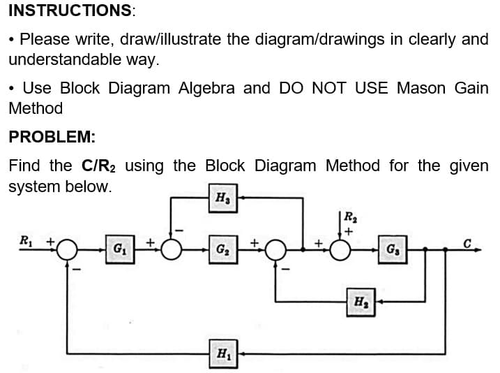 INSTRUCTIONS:
• Please write, draw/illustrate the diagram/drawings in clearly and
understandable way.
• Use Block Diagram Algebra and DO NOT USE Mason Gain
Method
PROBLEM:
Find the C/R₂ using the Block Diagram Method for the given
system below.
H₂
R₂
R₁
G₁
G₂
G₁
H₁
H₂
