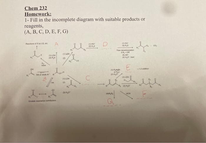 Chem 232
Homework:
1- Fill in the incomplete diagram with suitable products or
reagents,
(A, B, C, D, E, F, G)
Reactions of X as LO
I
A
(1)LDA
(₂x
HA or weak Al R
3. // m
(LDA
27/20
LO
(1) LDA
s
MED
(1) RO
Bax
C
D
0 RM
of L
20²
224
G
B
@AX
Then decarborylation
FP-OR
CHO
(10,
E
(LDA
HON
R₂
+14 additon
00,