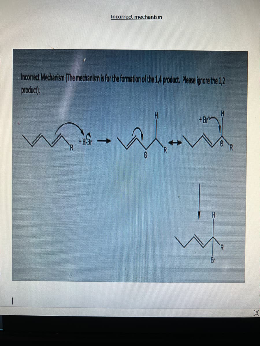 Incorrect mechanism
Incorrect Mechanism (The mechanism is for the formation of the 1,4 product. Please ignore the 1,2
product).
+ Br*
Br
