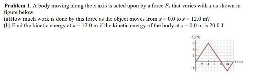 Problem 1. A body moving along the x axis is acted upon by a force Fx that varies with x as shown in
figure below.
(a)How much work is done by this force as the object moves from x = 0.0 to x = 12.0 m?
(b) Find the kinetic energy at x = 12.0 m if the kinetic energy of the body at x = 0.0 m is 20.0 J.
F, (N)
6
4
2
x (m)
6 810
2
4