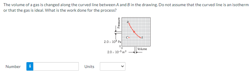 The volume of a gas is changed along the curved line between A and B in the drawing. Do not assume that the curved line is an isotherm
or that the gas is ideal. What is the work done for the process?
Number i
Units
Pressure
2.0 x 104 Pa
0
2.0 x 10-3 m3
Volume