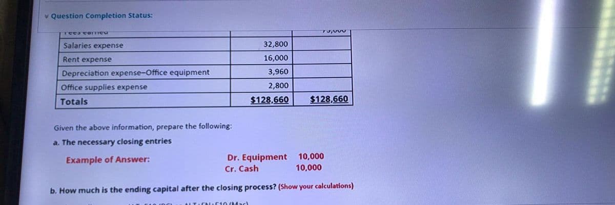 * Question Completion Status:
TeCJ OITICU
Salaries expense
32,800
Rent expense
16,000
Depreciation expense-Office equipment
3,960
Office supplies expense
2,800
Totals
$128,660
$128,660
Given the above information, prepare the following:
a. The necessary closing entries
Dr. Equipment 10,000
Cr. Cash
Example of Answer:
10,000
b. How much is the ending capital after the closing process? (Show your calculations)
IT.CNIC10 (Mac)
