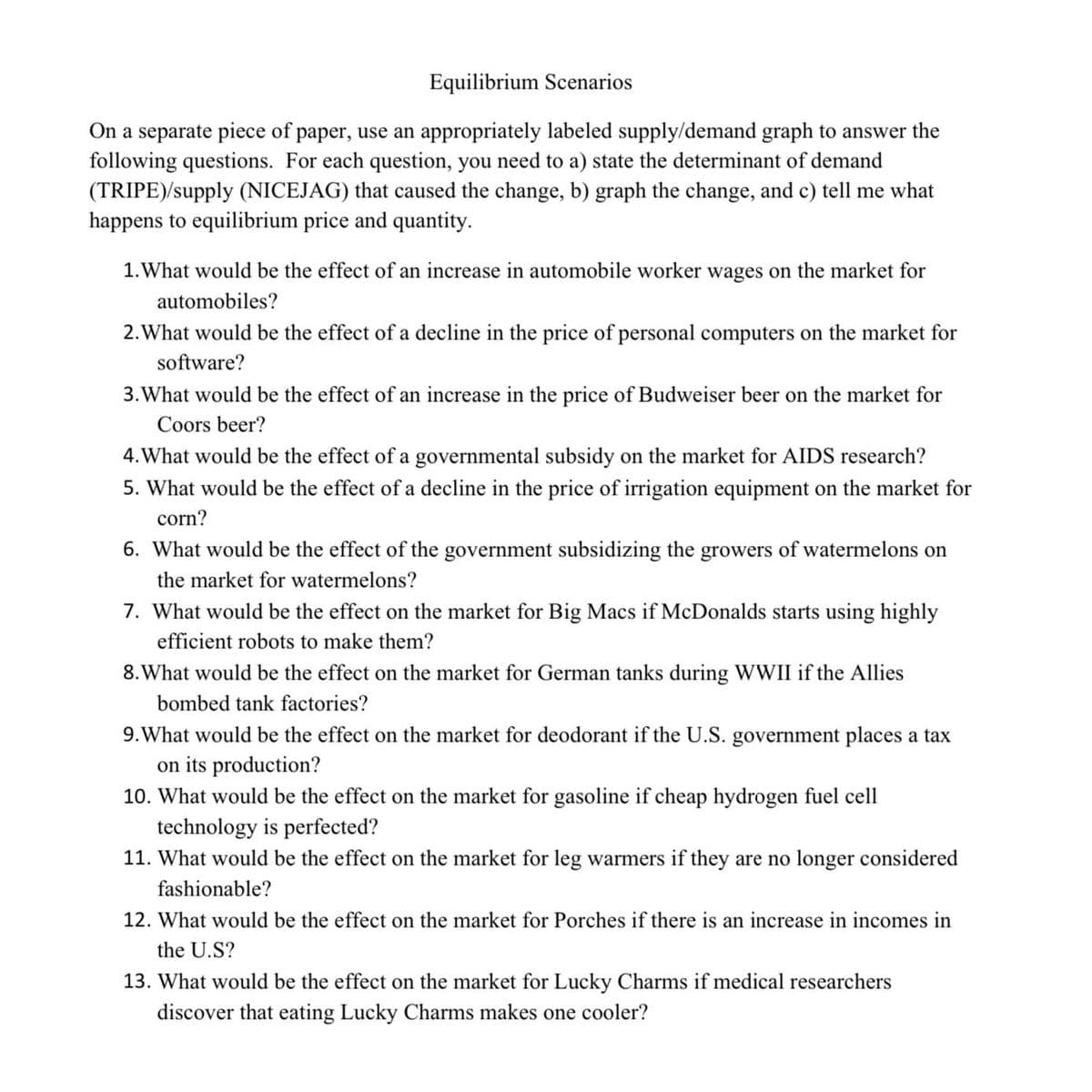 Equilibrium Scenarios
On a separate piece of paper, use an appropriately labeled supply/demand graph to answer the
following questions. For each question, you need to a) state the determinant of demand
(TRIPE)/supply (NICEJAG) that caused the change, b) graph the change, and c) tell me what
happens to equilibrium price and quantity.
1. What would be the effect of an increase in automobile worker wages on the market for
automobiles?
2. What would be the effect of a decline in the price of personal computers on the market for
software?
3. What would be the effect of an increase in the price of Budweiser beer on the market for
Coors beer?
4. What would be the effect of a governmental subsidy on the market for AIDS research?
5. What would be the effect of a decline in the price of irrigation equipment on the market for
corn?
6. What would be the effect of the government subsidizing the growers of watermelons on
the market for watermelons?
7. What would be the effect on the market for Big Macs if McDonalds starts using highly
efficient robots to make them?
8. What would be the effect on the market for German tanks during WWII if the Allies
bombed tank factories?
9. What would be the effect on the market for deodorant if the U.S. government places a tax
on its production?
10. What would be the effect on the market for gasoline if cheap hydrogen fuel cell
technology is perfected?
11. What would be the effect on the market for leg warmers if they are no longer considered
fashionable?
12. What would be the effect on the market for Porches if there is an increase in incomes in
the U.S?
13. What would be the effect on the market for Lucky Charms if medical researchers
discover that eating Lucky Charms makes one cooler?