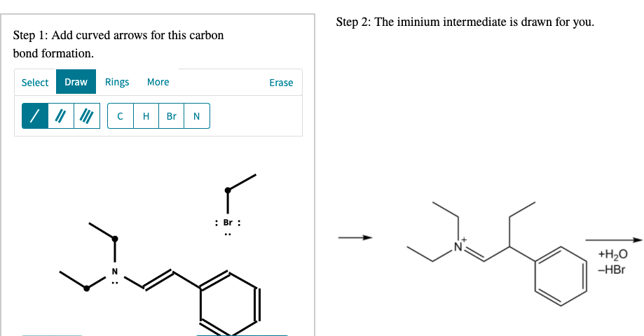 Step 2: The iminium intermediate is drawn for you.
Step 1: Add curved arrows for this carbon
bond formation.
Select Draw Rings
More
Erase
H
Br
N
: Br :
+H2O
-HBr
