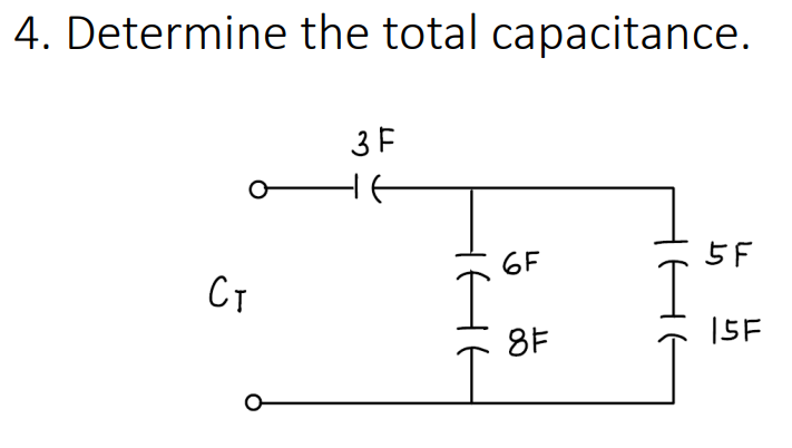 4. Determine the total capacitance.
3 F
6F
5F
CT
I
8F
15F
