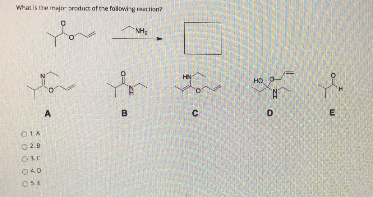 What is the major product of the following reaction?
NH2
N.
HN
HO O
O.
H.
O 1. A
O 2. B
O 3. C
O 4. D
O 5. E
D.
