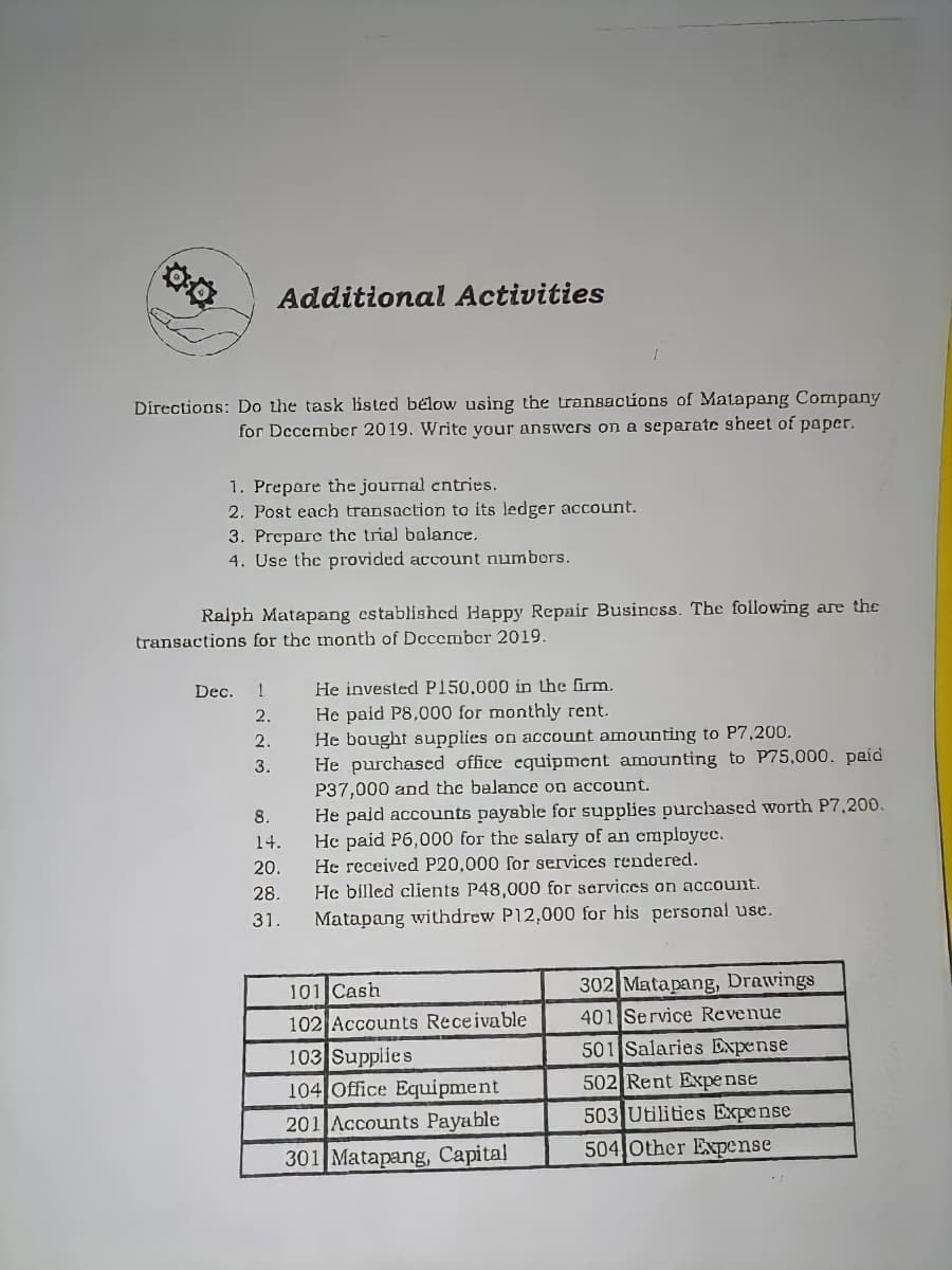 Additional Activities
Directions: Do the task listed bélow using the transacions of Matapang Company
for Deccmber 2019. Writc your answers on a separate sheet of paper.
1. Prepare the journal entries.
2. Post each transaction to its ledger account.
3. Prepare the trial balance.
4. Use the provided account numbers.
Ralph Matapang cstablishcd Happy Repair Busincss. The following are the
transactions for the montb of Decembocr 2019.
Dec.
He invested P150,000 in the firm.
He paid P8,000 for monthly rent.
He bought supplies on account amounting to P7,200.
He purchascd office equipment amounting to P75,000. paid
P37,000 and the balance on account.
2.
2.
3.
He paid accounts payable for supplies purchased worth P7,200.
He paid P6,000 for the salary of an employec.
He received P20,000 for services rendered.
He billed clients P48,000 for services on account.
8.
14.
20.
28.
31.
Matapang withdrew P12,000 for his personal use.
302 Matapang, Drawings
401 Service Revenue
101 Cash
102 Accounts Receivable
501 Salaries Expense
103 Supplies
104 Office Equipment
201 Accounts Payable
301 Matapang, Capital
502 Rent Expense
503 Utilities Expense
504 Other Expense
