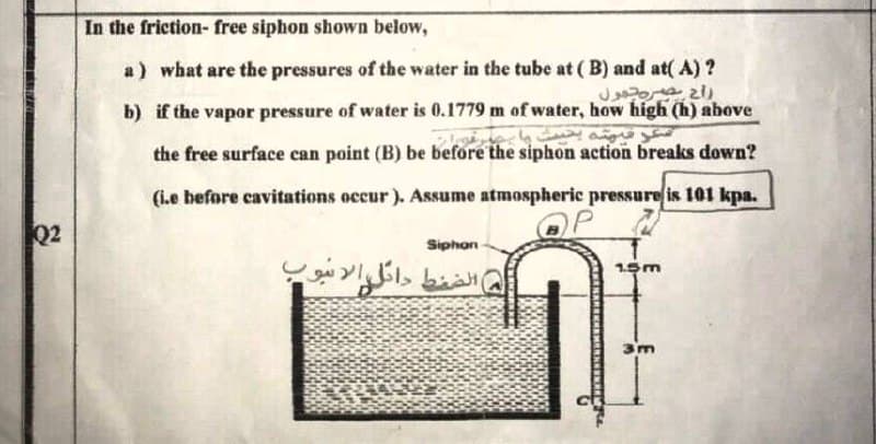 In the friction- free siphon shown below,
a) what are the pressures of the water in the tube at ( B) and at( A) ?
b) if the vapor pressure of water is 0.1779 m of water, how high (h) above
the free surface can point (B) be before the siphon action breaks down?
(i.e before cavitations occur). Assume atmospheric pressure is 101 kpa.
22
Siphon
الضغط دائلوانبو

