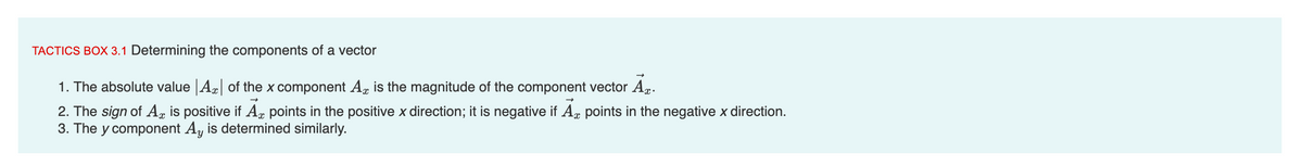TACTICS BOX 3.1 Determining the components of a vector
1. The absolute value Az of the x component A is the magnitude of the component vector Ãx.
2. The sign of A, is positive if Ax points in the positive x direction; it is negative if A points in the negative x direction.
3. The y component Ay is determined similarly.