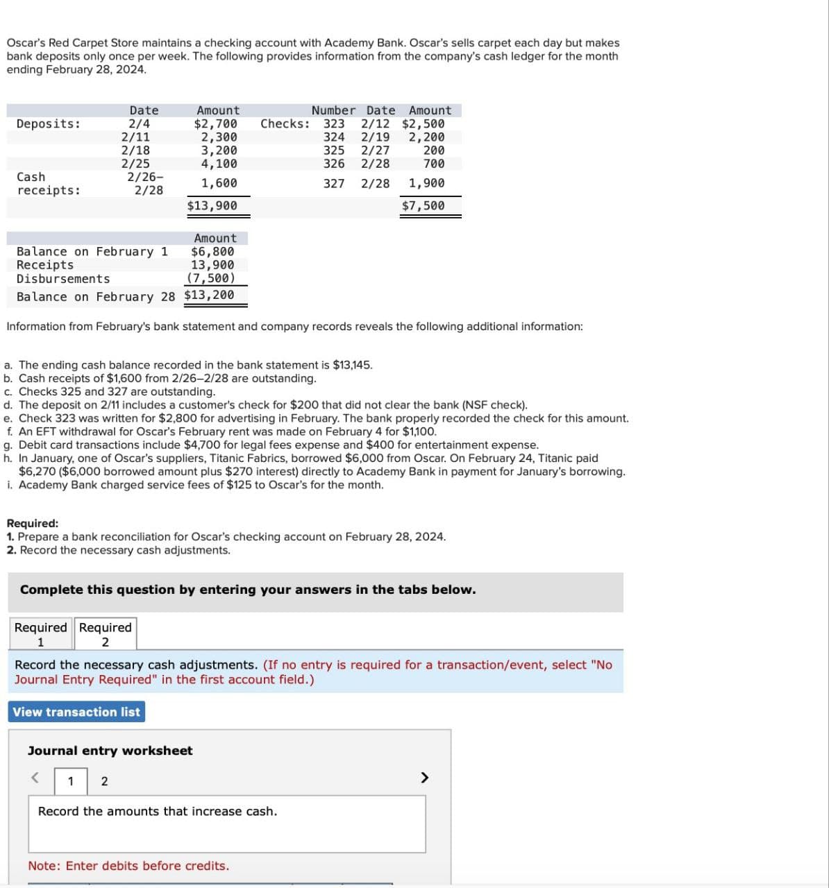 Oscar's Red Carpet Store maintains a checking account with Academy Bank. Oscar's sells carpet each day but makes
bank deposits only once per week. The following provides information from the company's cash ledger for the month
ending February 28, 2024.
Date
Deposits:
2/4
Amount
$2,700
Number Date Amount
Checks: 323 2/12 $2,500
2/11
2,300
2/18
3,200
2/25
4,100
324 2/19
325
2/27
326 2/28
2,200
200
700
Cash
2/26-
1,600
327
receipts:
2/28
2/28
1,900
$13,900
$7,500
Amount
Balance on February 1
$6,800
Receipts
13,900
Disbursements
(7,500)
Balance on February 28 $13,200
Information from February's bank statement and company records reveals the following additional information:
a. The ending cash balance recorded in the bank statement is $13,145.
b. Cash receipts of $1,600 from 2/26-2/28 are outstanding.
c. Checks 325 and 327 are outstanding.
d. The deposit on 2/11 includes a customer's check for $200 that did not clear the bank (NSF check).
e. Check 323 was written for $2,800 for advertising in February. The bank properly recorded the check for this amount.
f. An EFT withdrawal for Oscar's February rent was made on February 4 for $1,100.
g. Debit card transactions include $4,700 for legal fees expense and $400 for entertainment expense.
h. In January, one of Oscar's suppliers, Titanic Fabrics, borrowed $6,000 from Oscar. On February 24, Titanic paid
$6,270 ($6,000 borrowed amount plus $270 interest) directly to Academy Bank in payment for January's borrowing.
i. Academy Bank charged service fees of $125 to Oscar's for the month.
Required:
1. Prepare a bank reconciliation for Oscar's checking account on February 28, 2024.
2. Record the necessary cash adjustments.
Complete this question by entering your answers in the tabs below.
Required Required
1
2
Record the necessary cash adjustments. (If no entry is required for a transaction/event, select "No
Journal Entry Required" in the first account field.)
View transaction list
Journal entry worksheet
<
1
2
Record the amounts that increase cash.
Note: Enter debits before credits.