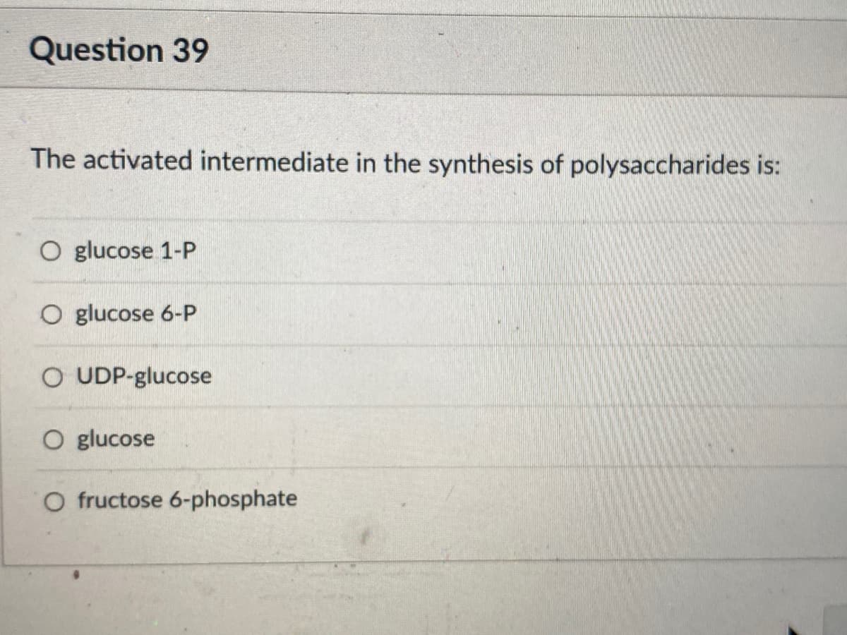 Question 39
The activated intermediate in the synthesis of polysaccharides is:
O glucose 1-P
O glucose 6-P
O UDP-glucose
O glucose
O fructose 6-phosphate
