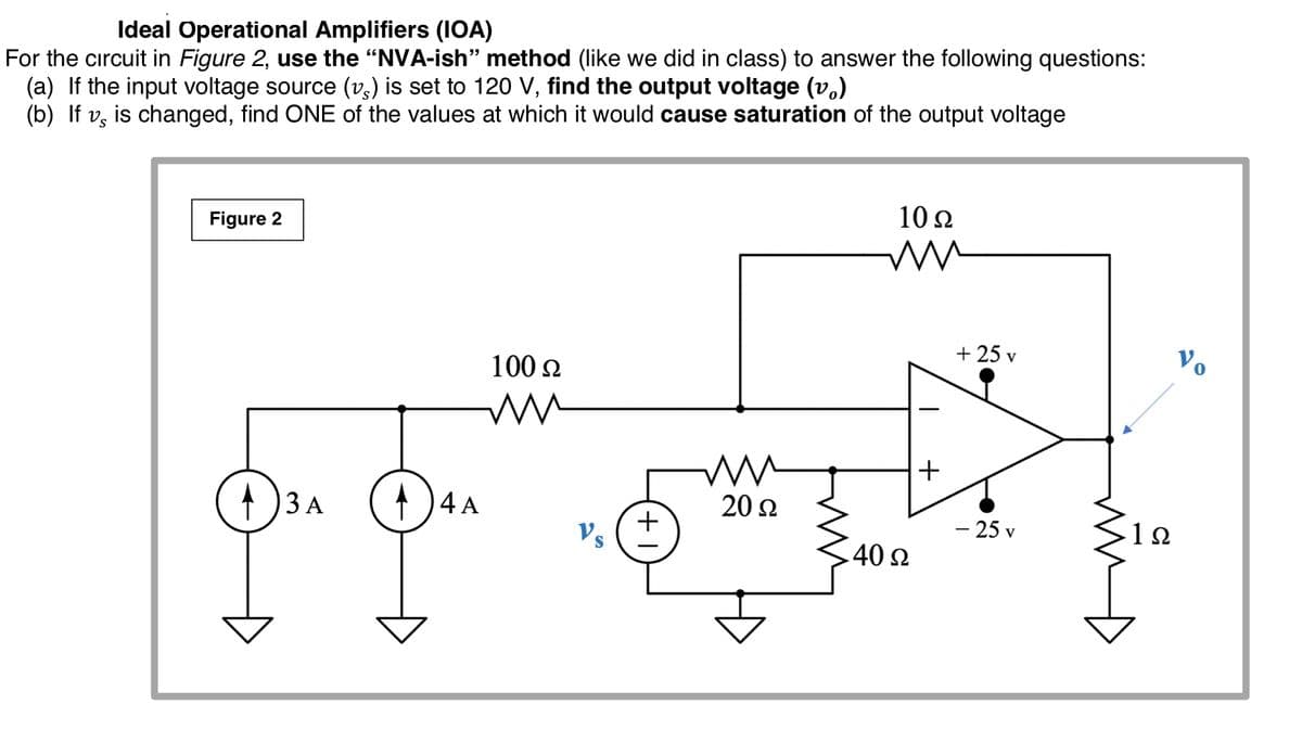 Ideal Operational Amplifiers (1OA)
For the circuit in Figure 2, use the "NVA-ish" method (like we did in class) to answer the following questions:
(a) If the input voltage source (v,) is set to 120 V, find the output voltage (v.)
(b) If v, is changed, find ONE of the values at which it would cause saturation of the output voltage
S
10 2
Figure 2
+ 25 v
Vo
100 2
+
+ )3 A
4 A
20 2
+
Vs
- 25 v
- 1 2
40 2
