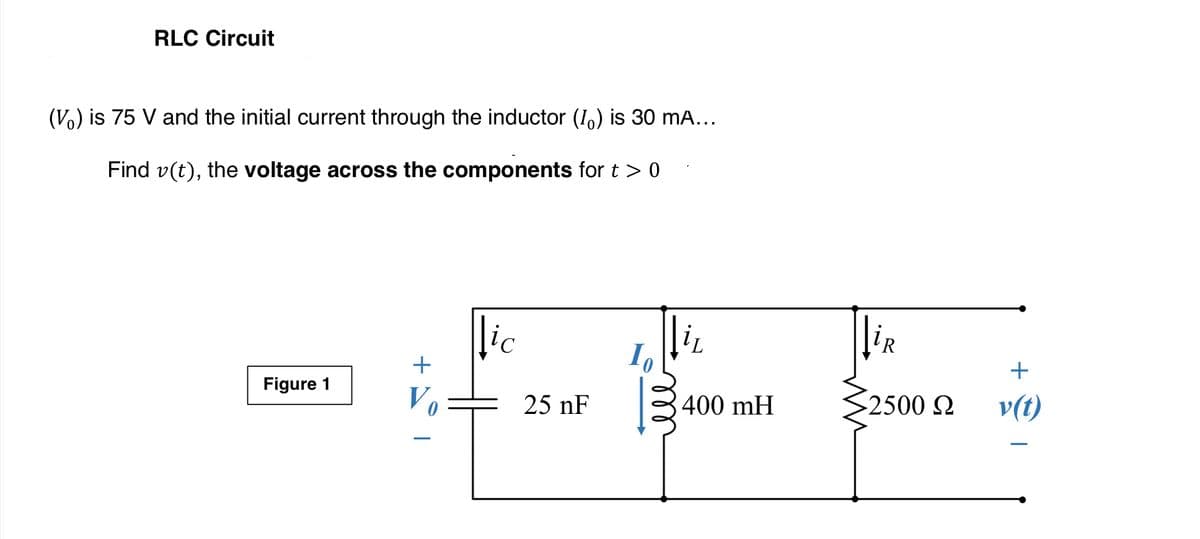 RLC Circuit
(Vo) is 75 V and the initial current through the inductor (I,) is 30 mA...
Find v(t), the voltage across the components for t > 0
lic
liR
+
Figure 1
25 nF
400 mH
>2500 Q
v(t)
+
