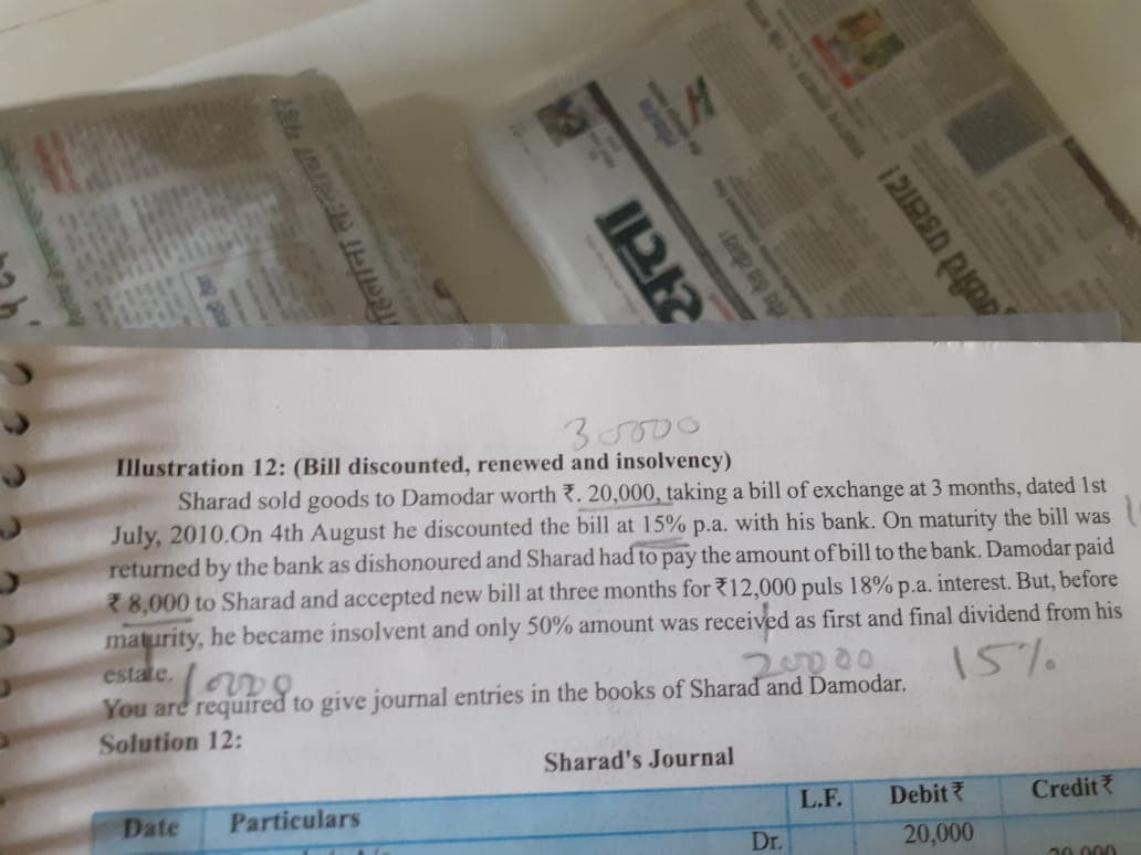 30000
Illustration 12: (Bill discounted, renewed and insolvency)
Sharad sold goods to Damodar worth . 20,000, taking a bill of exchange at 3 months, dated 1st
July, 2010.On 4th August he discounted the bill at 15% p.a. with his bank. On maturity the bill was
returned by the bank as dishonoured and Sharad had to pay the amount of bill to the bank. Damodar paid
8,000 to Sharad and accepted new bill at three months for 12,000 puls 18% p.a. interest. But, before
maturity, he became insolvent and only 50% amount was received as first and final dividend from his
estate.
20000
You are required to give journal entries in the books of Sharad and Damodar.
Solution 12:
15%
Sharad's Journal
Date
Particulars
L.F.
Debit ?
Credit ?
Dr.
20,000
20 000
हिलांना ला्याचा यहा
सत्ता
हौय रेड दो?
এीचे पडताद।
