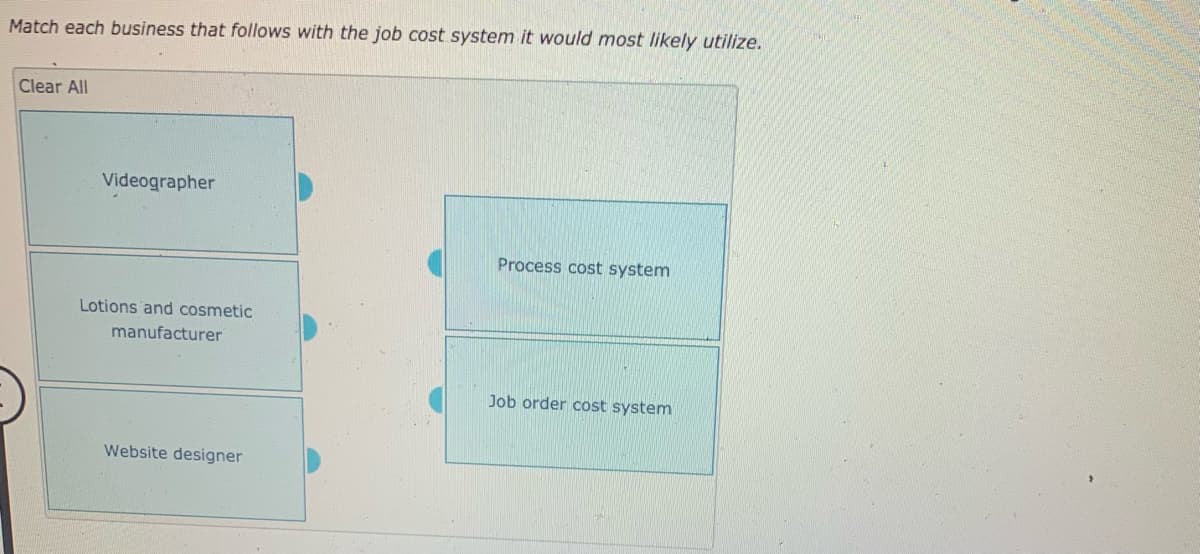 Match each business that follows with the job cost system it would most likely utilize.
Clear All
Videographer
Lotions and cosmetic
manufacturer
Website designer
Process cost system
Job order cost system