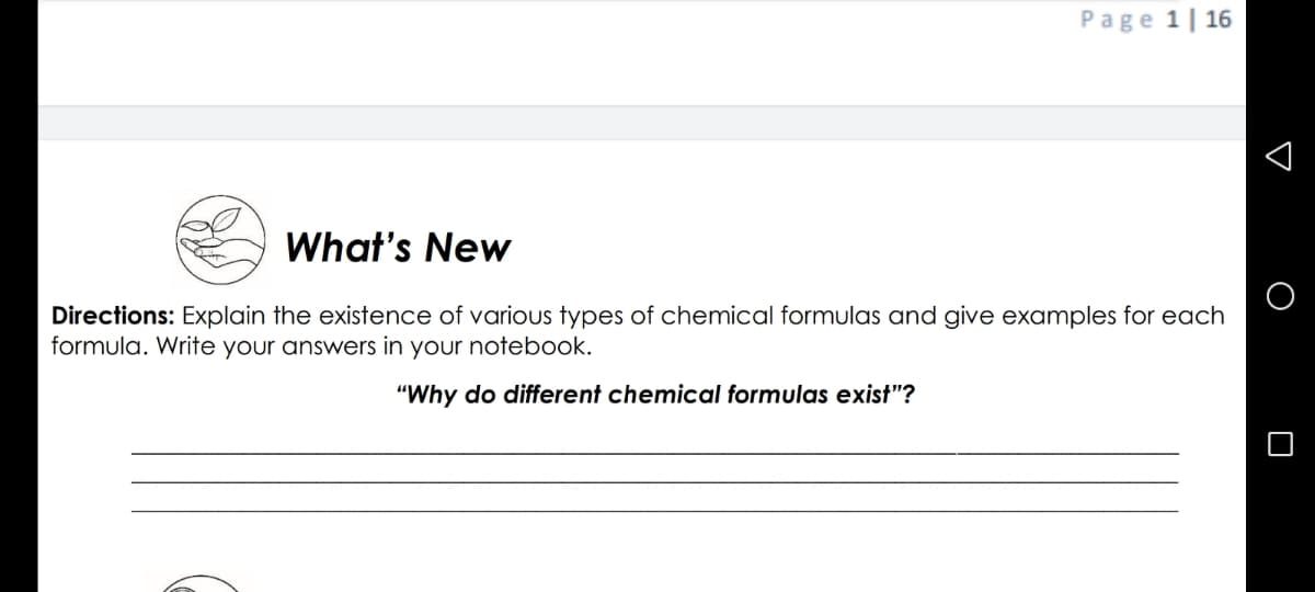 Page 1| 16
What's New
Directions: Explain the existence of various types of chemical formulas and give examples for each
formula. Write your answers in your notebook.
"Why do different chemical formulas exist"?
