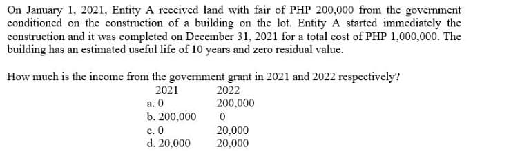On January 1, 2021, Entity A received land with fair of PHP 200,000 from the govemment
conditioned on the construction of a building on the lot. Entity A started immediately the
construction and it was completed on December 31, 2021 for a total cost of PHP 1,000,000. The
building has an estimated useful life of 10 years and zero residual value.
How much is the income from the government grant in 2021 and 2022 respectively?
2021
2022
a. 0
b. 200,000
200,000
c. 0
d. 20,000
20,000
20,000
