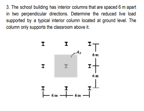 3. The school building has interior columns that are spaced 6 m apart
in two perpendicular directions. Determine the reduced live load
supported by a typical interior column located at ground level. The
column only supports the classroom above it.
I
H
I
I
I
ㅏ Io
-6m-
6m
¹T
6m
It
6m
нт