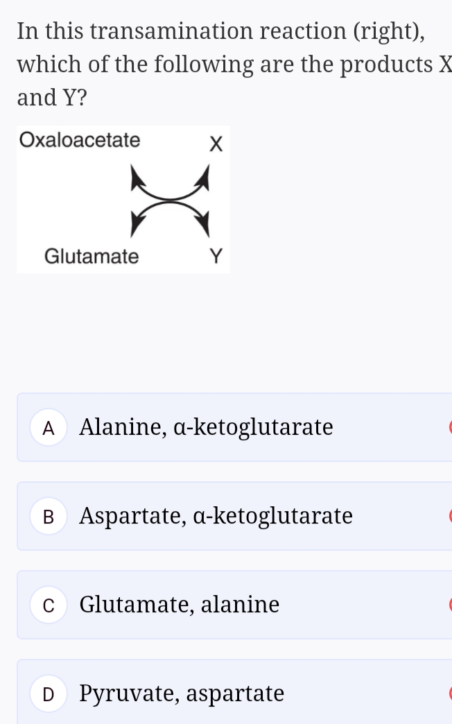 In this transamination reaction (right),
which of the following are the products X
and Y?
Oxaloacetate
Glutamate
A Alanine, a-ketoglutarate
B Aspartate, a-ketoglutarate
C
Glutamate, alanine
D Pyruvate, aspartate
