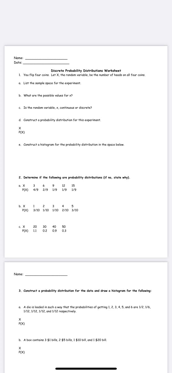 Name:
Date:
Discrete Probability Distributions Worksheet
1. You flip four coins. Let X, the random variable, be the number of heads on all four coins.
a. List the sample space for the experiment.
b. What are the possible values for x?
c. Is the random variable, x, continuous or discrete?
d. Construct a probability distribution for this experiment.
P(X)
e. Construct a histogram for the probability distribution in the space below.
2. Determine if the following are probability distributions (if no, state why).
а. х з 6
P(X)
9 12
15
4/9 2/9 1/9
1/9
1/9
1
P(X)
b. X
2
3
4
3/10 1/10 1/10 2/10 3/10
c. X
P(X)
20
30
40
50
1.1
0.2
0.9
0.3
Name:
3. Construct a probability distribution for the data and draw a histogram for the following:
a. A die is loaded in such a way that the probabilities of getting 1, 2, 3, 4, 5, and 6 are 1/2, 1/6,
1/12, 1/12, 1/12, and 1/12 respectively.
P(X)
b. A box contains 3 $1 bills, 2 $5 bills, 1 $10 bill, and 1 $20 bill.
P(X)
