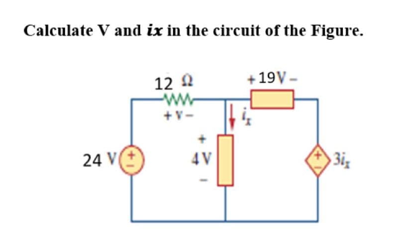 Calculate V and ix in the circuit of the Figure.
+ 19V –
12 2
-ww
+V-
24 V
4V
3iz
