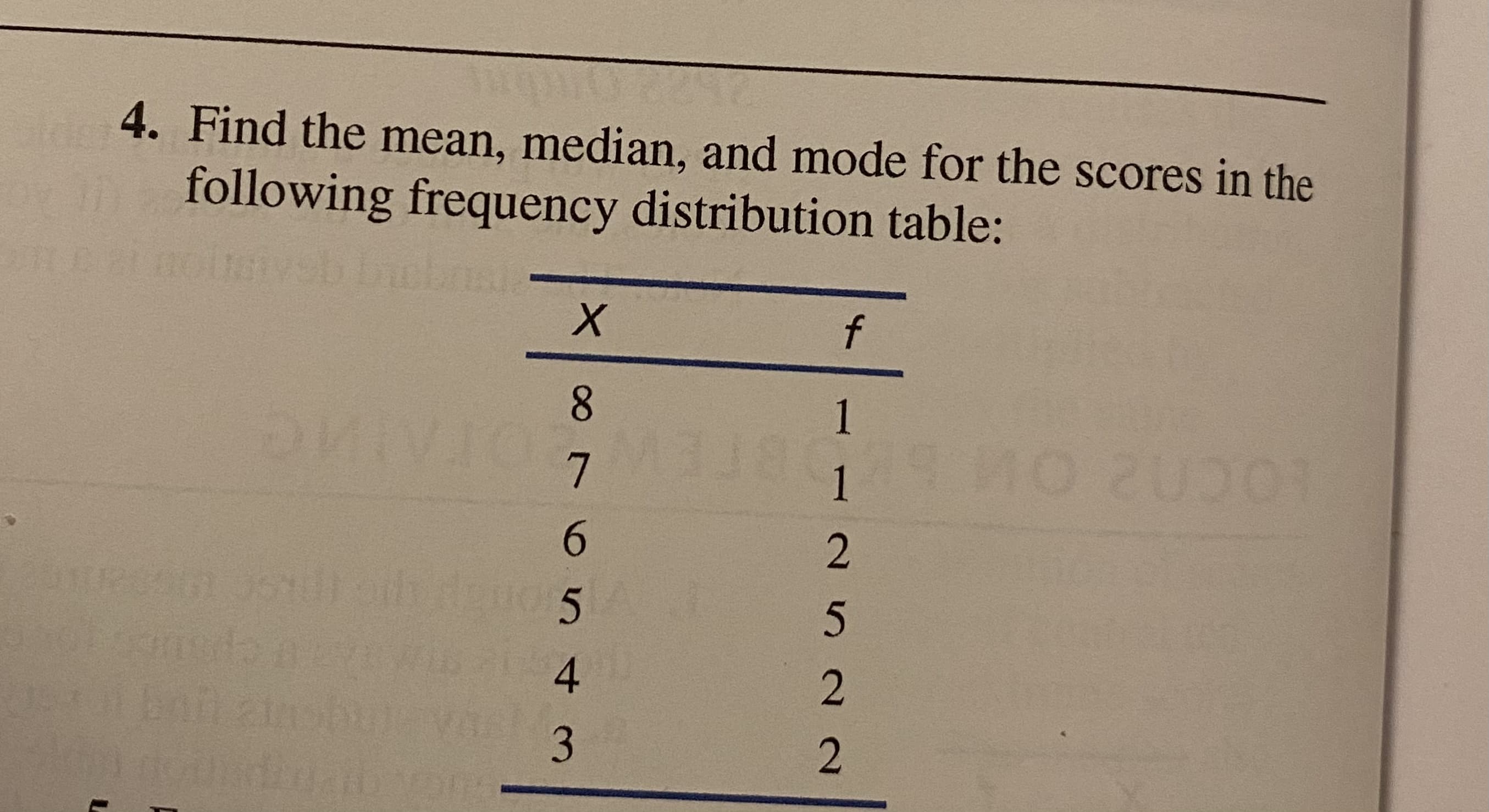 4. Find the mean, median, and mode for the scores in the
following frequency distribution table:
