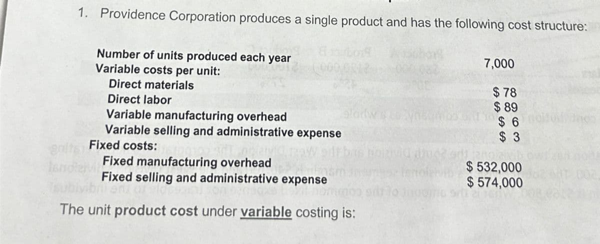 1. Providence Corporation produces a single product and has the following cost structure:
Number of units produced each year
Variable costs per unit:
Direct materials
Direct labor
Variable manufacturing overhead
Variable selling and administrative expense
Fixed costs:
Fixed manufacturing overhead
Fixed selling and administrative expense
fenolzivil
subivibr
The unit product cost under variable costing is:
7,000
mos i h
$78
$89
$6
$3
$532,000
$574,000